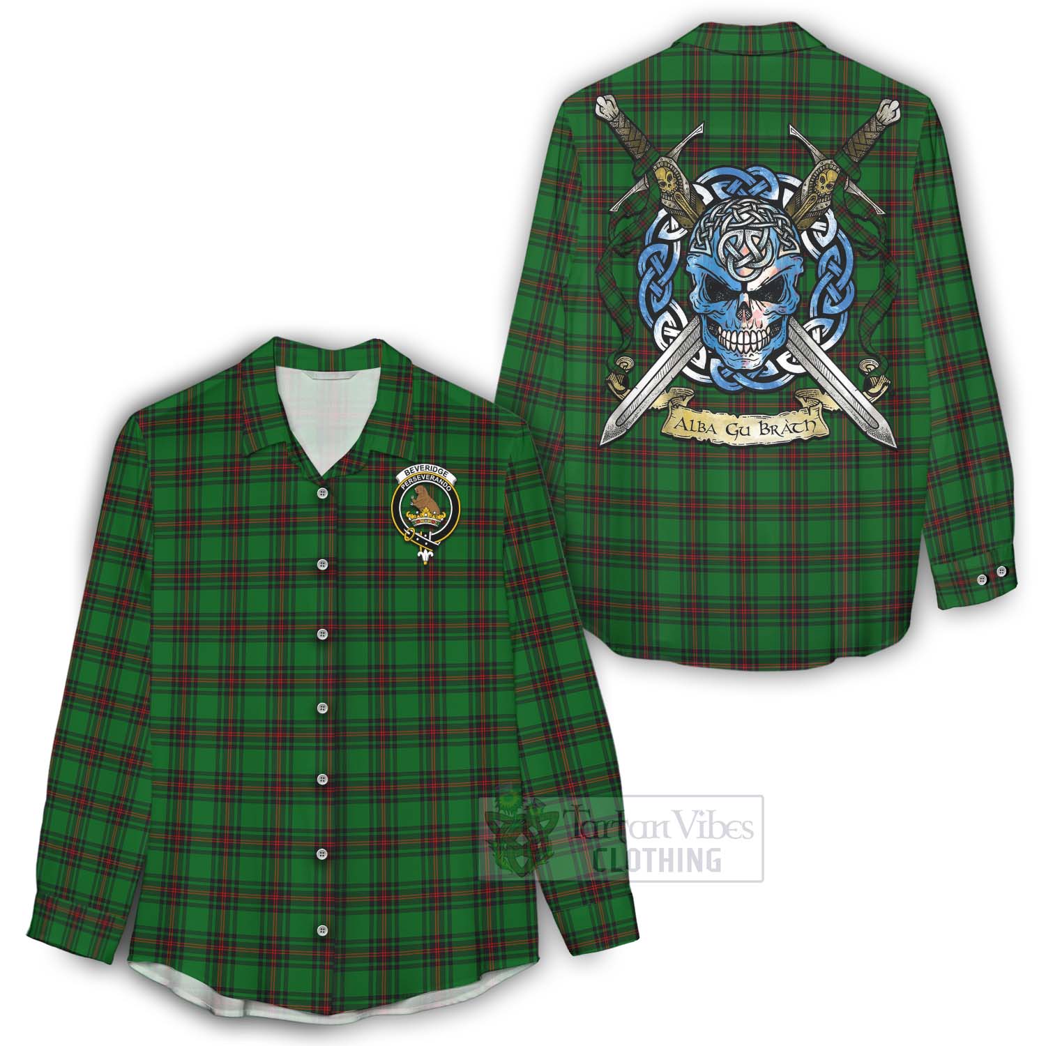 Tartan Vibes Clothing Beveridge Tartan Women's Casual Shirt with Family Crest Celtic Skull Style