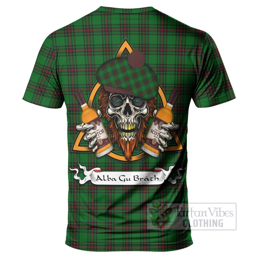 Tartan Vibes Clothing Beveridge Tartan T-Shirt with Family Crest and Bearded Skull Holding Bottles of Whiskey