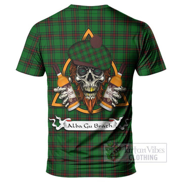 Beveridge Tartan T-Shirt with Family Crest and Bearded Skull Holding Bottles of Whiskey