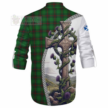 Beveridge Tartan Ghillie Kilt Shirt with Family Crest and St. Andrew's Cross Accented by Thistle Vines