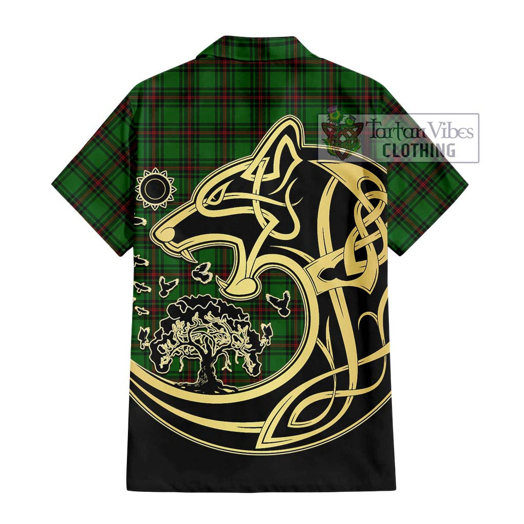 Beveridge Tartan Short Sleeve Button Shirt with Family Crest Celtic Wolf Style - Tartan Vibes Clothing