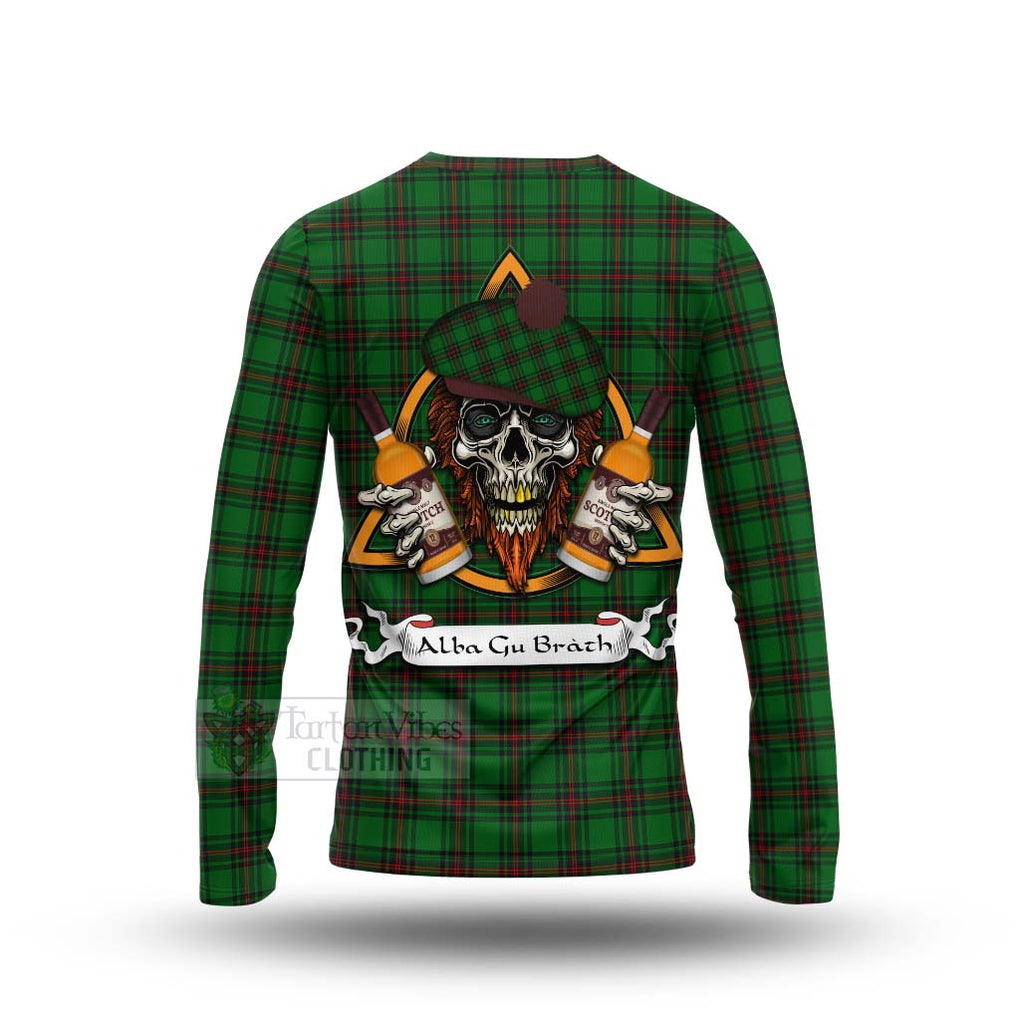 Tartan Vibes Clothing Beveridge Tartan Long Sleeve T-Shirt with Family Crest and Bearded Skull Holding Bottles of Whiskey