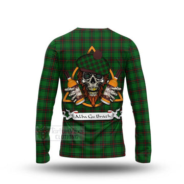 Beveridge Tartan Long Sleeve T-Shirt with Family Crest and Bearded Skull Holding Bottles of Whiskey