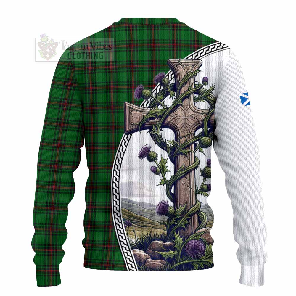 Tartan Vibes Clothing Beveridge Tartan Knitted Sweater with Family Crest and St. Andrew's Cross Accented by Thistle Vines