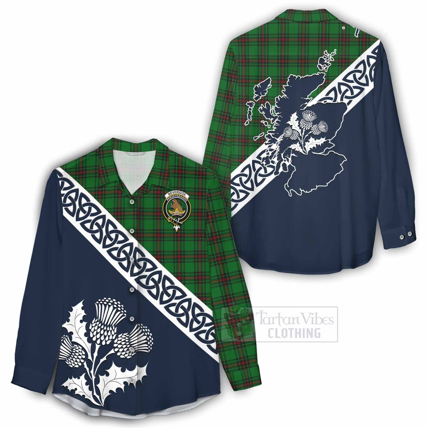 Tartan Vibes Clothing Beveridge Tartan Women's Casual Shirt Featuring Thistle and Scotland Map