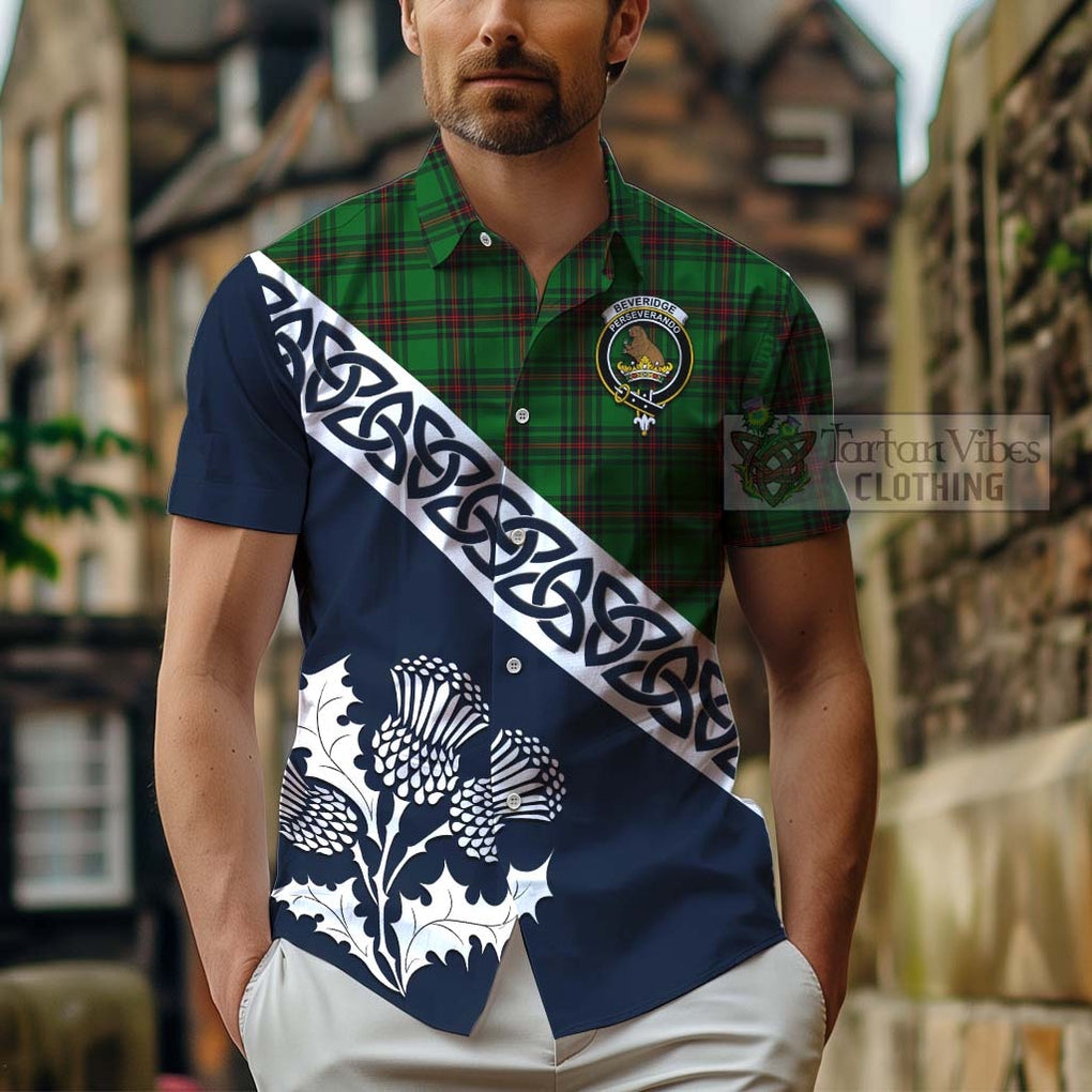 Tartan Vibes Clothing Beveridge Tartan Short Sleeve Button Shirt Featuring Thistle and Scotland Map