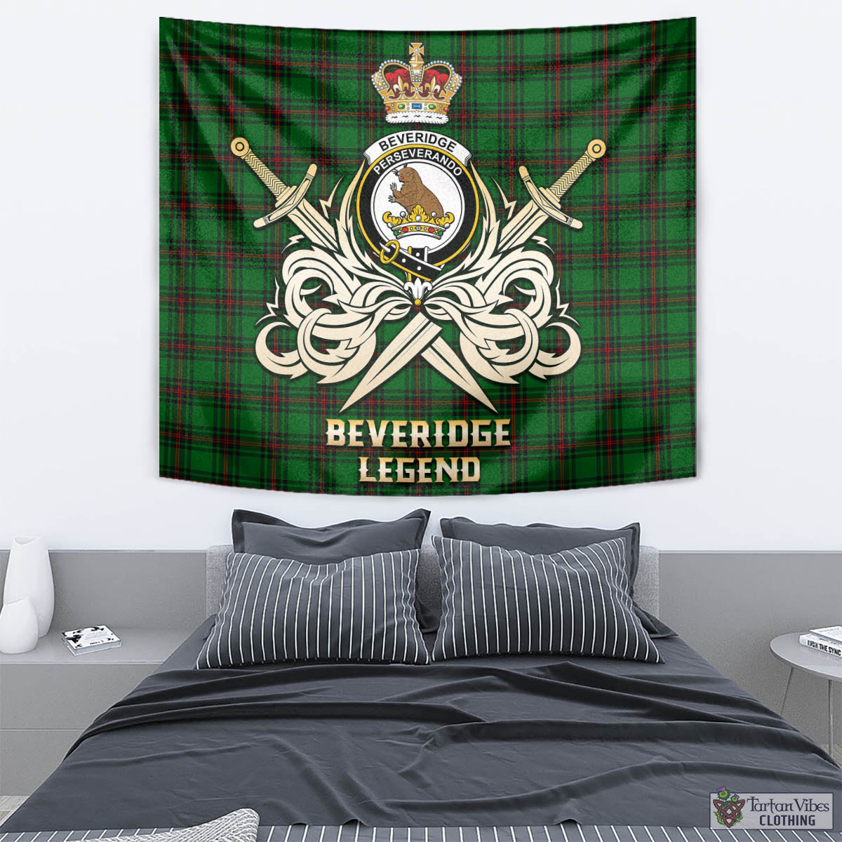 Tartan Vibes Clothing Beveridge Tartan Tapestry with Clan Crest and the Golden Sword of Courageous Legacy