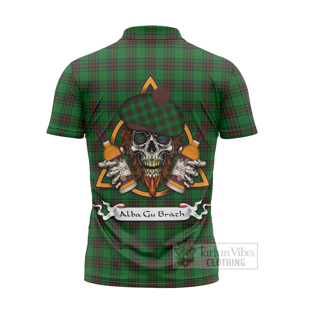 Tartan Vibes Clothing Beveridge Tartan Zipper Polo Shirt with Family Crest and Bearded Skull Holding Bottles of Whiskey