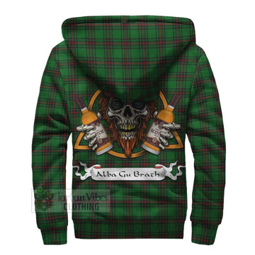 Beveridge Tartan Sherpa Hoodie with Family Crest and Bearded Skull Holding Bottles of Whiskey