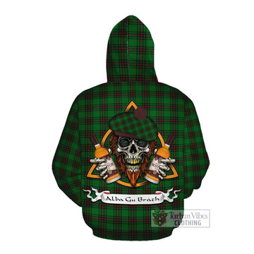 Beveridge Tartan Cotton Hoodie with Family Crest and Bearded Skull Holding Bottles of Whiskey