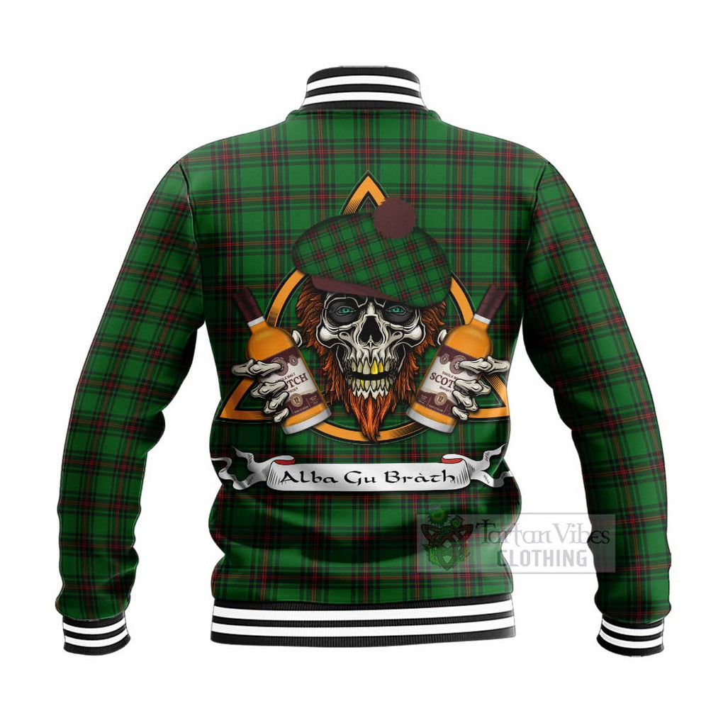 Tartan Vibes Clothing Beveridge Tartan Baseball Jacket with Family Crest and Bearded Skull Holding Bottles of Whiskey