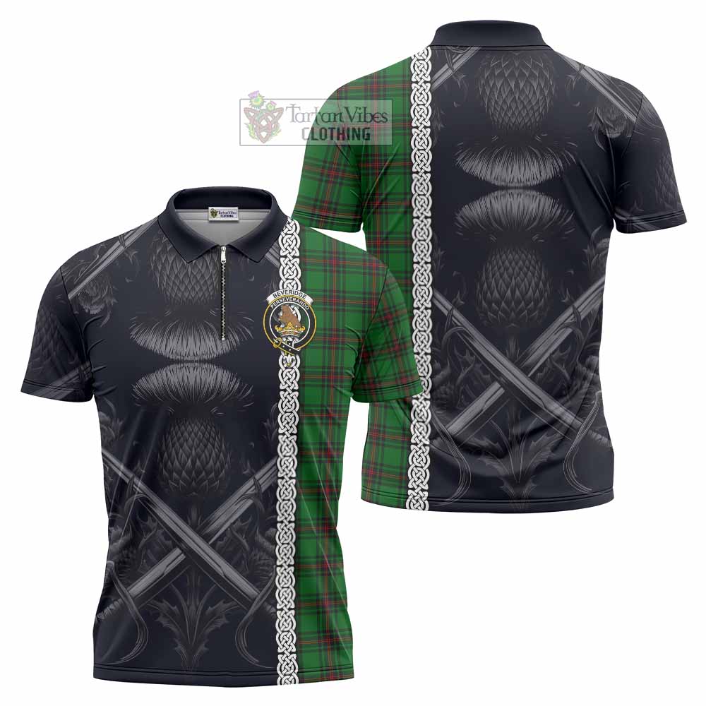 Tartan Vibes Clothing Beveridge Tartan Zipper Polo Shirt with Family Crest Cross Sword Thistle Celtic Vibes