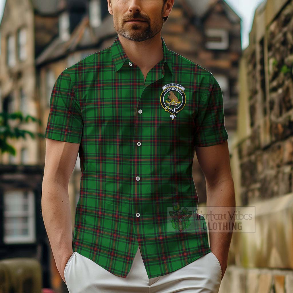 Tartan Vibes Clothing Beveridge Tartan Short Sleeve Button Shirt with Family Crest and Bearded Skull Holding Bottles of Whiskey