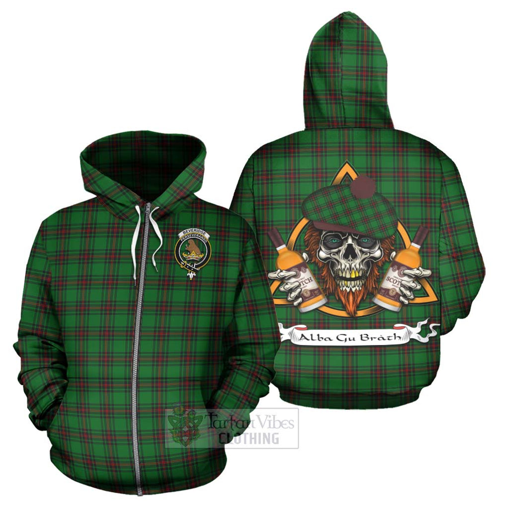 Tartan Vibes Clothing Beveridge Tartan Hoodie with Family Crest and Bearded Skull Holding Bottles of Whiskey