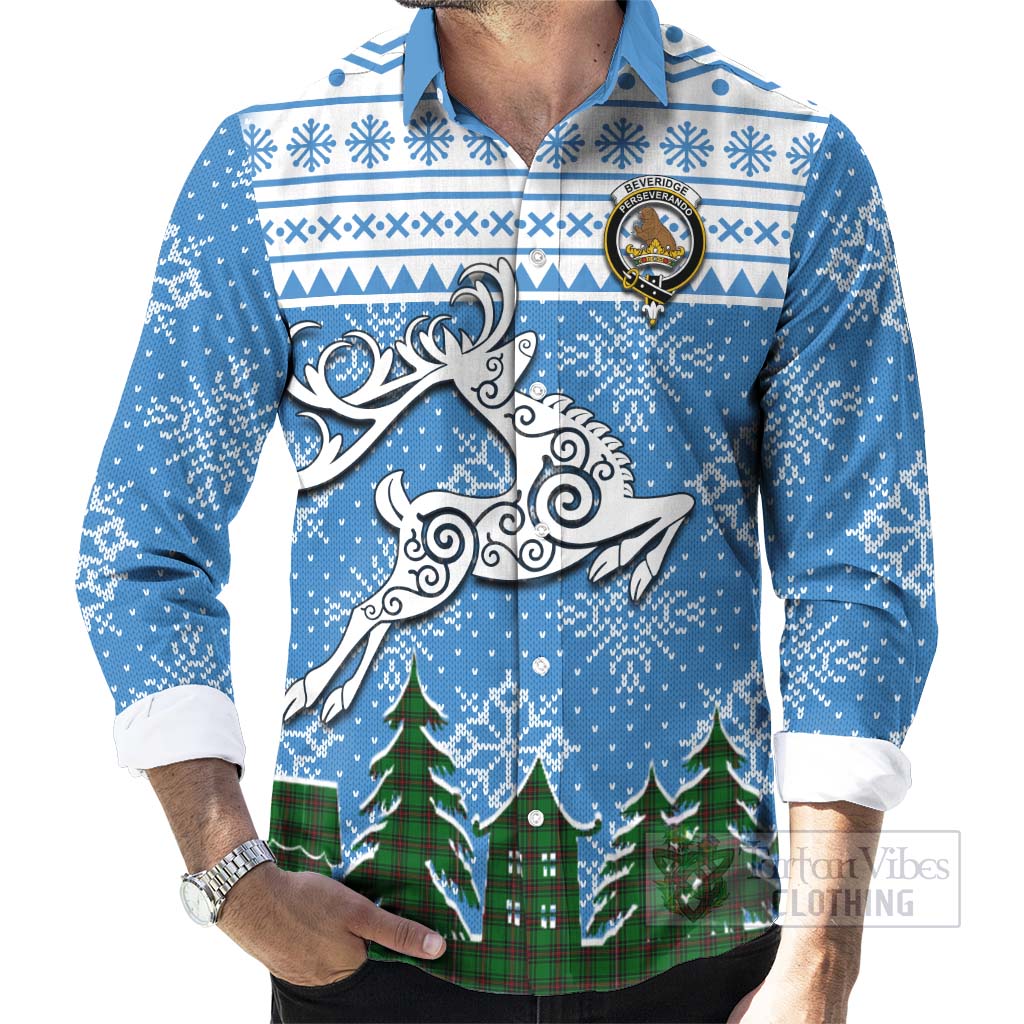 Tartan Vibes Clothing Beveridge Clan Christmas Long Sleeve Button Shirt Celtic Reindeer Style