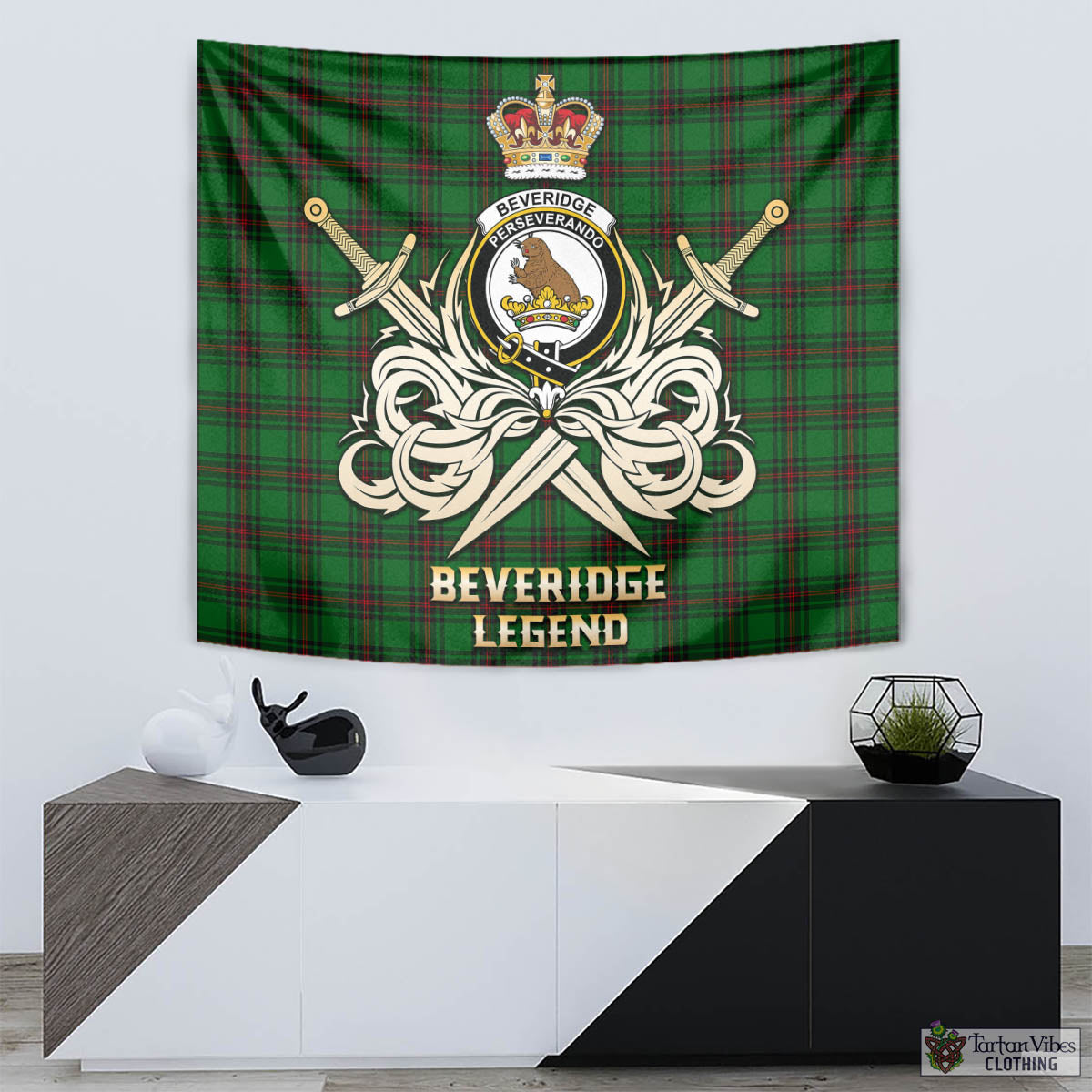 Tartan Vibes Clothing Beveridge Tartan Tapestry with Clan Crest and the Golden Sword of Courageous Legacy