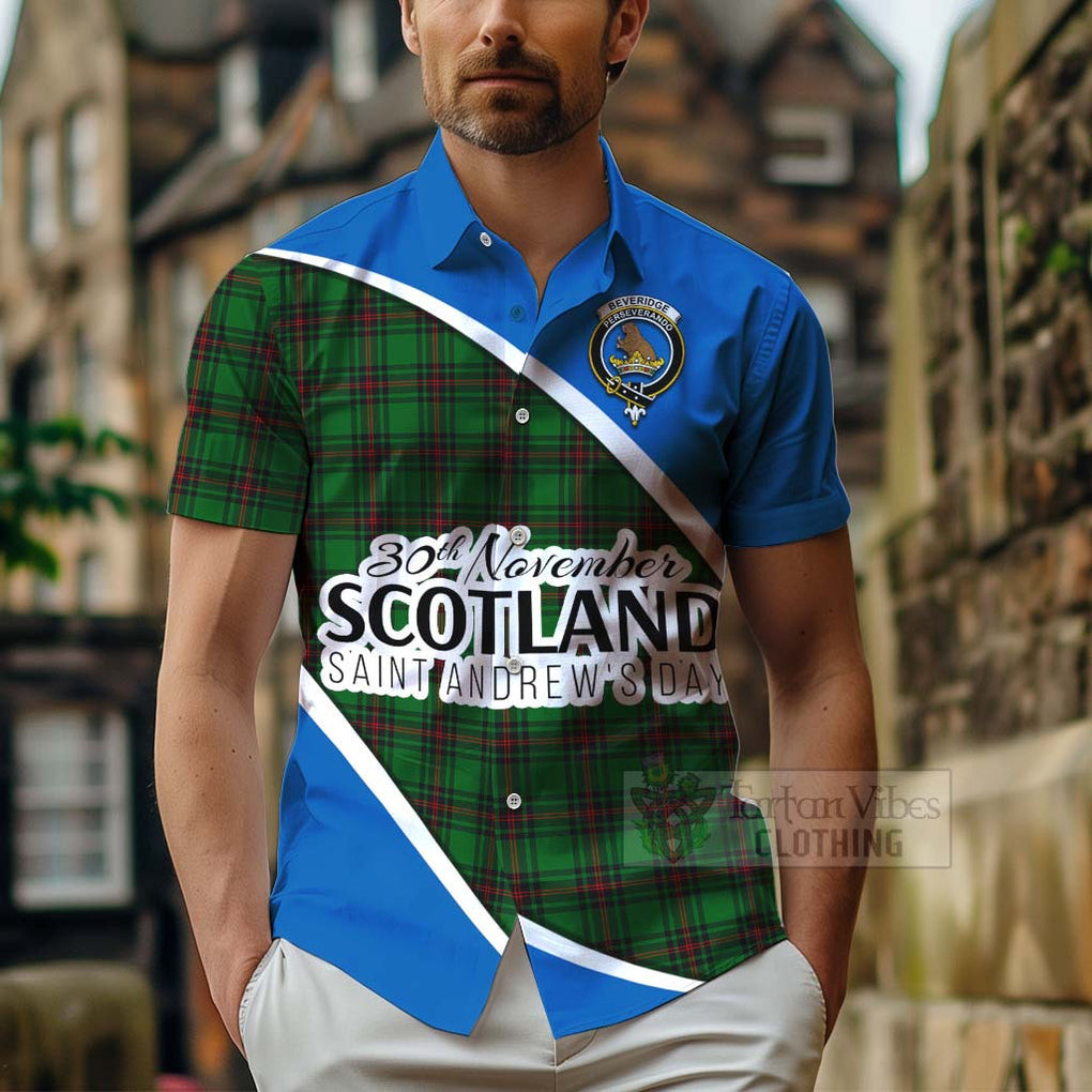 Tartan Vibes Clothing Beveridge Family Crest Tartan Short Sleeve Button Shirt Celebrate Saint Andrew's Day in Style