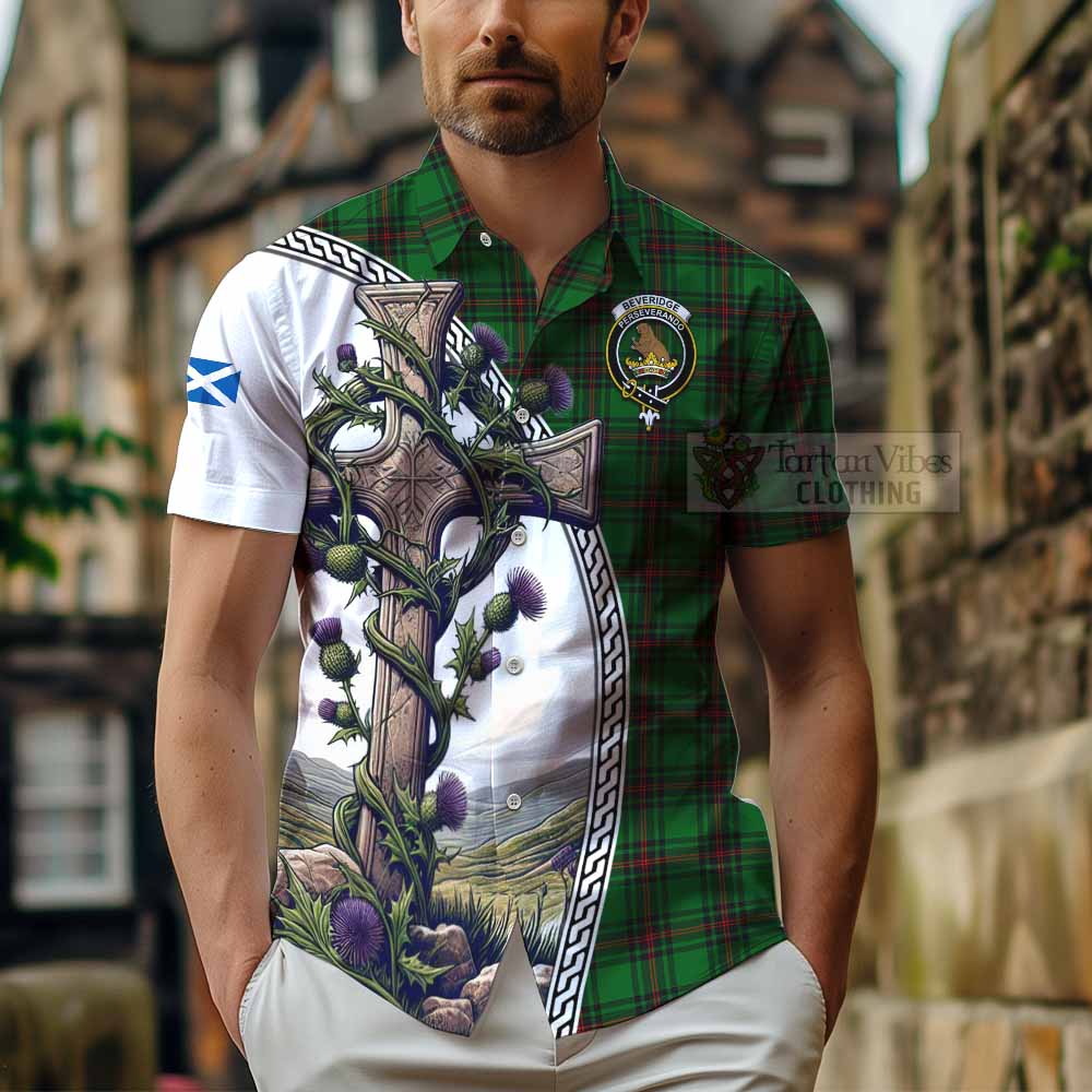 Tartan Vibes Clothing Beveridge Tartan Short Sleeve Button Shirt with Family Crest and St. Andrew's Cross Accented by Thistle Vines