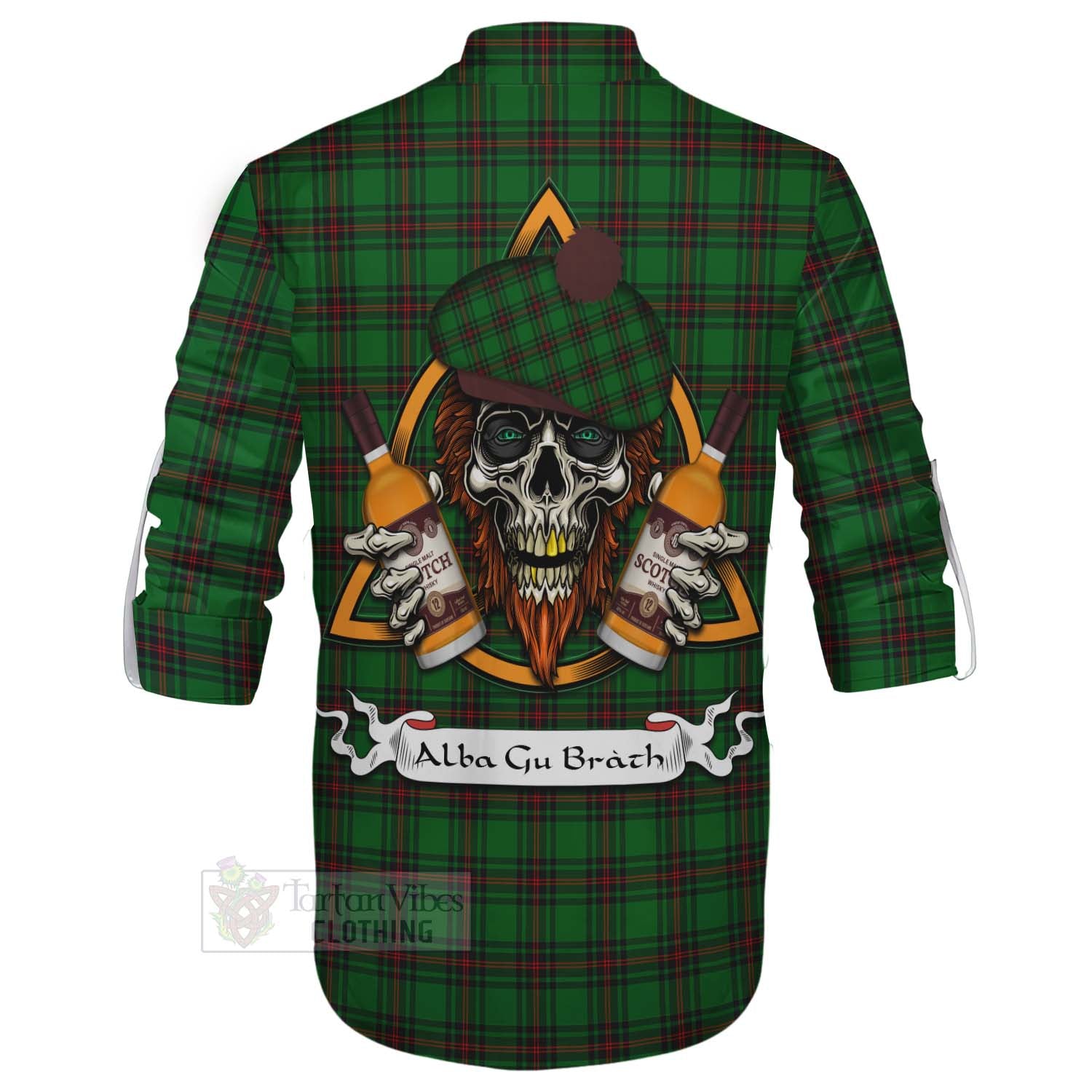 Tartan Vibes Clothing Beveridge Tartan Ghillie Kilt Shirt with Family Crest and Bearded Skull Holding Bottles of Whiskey