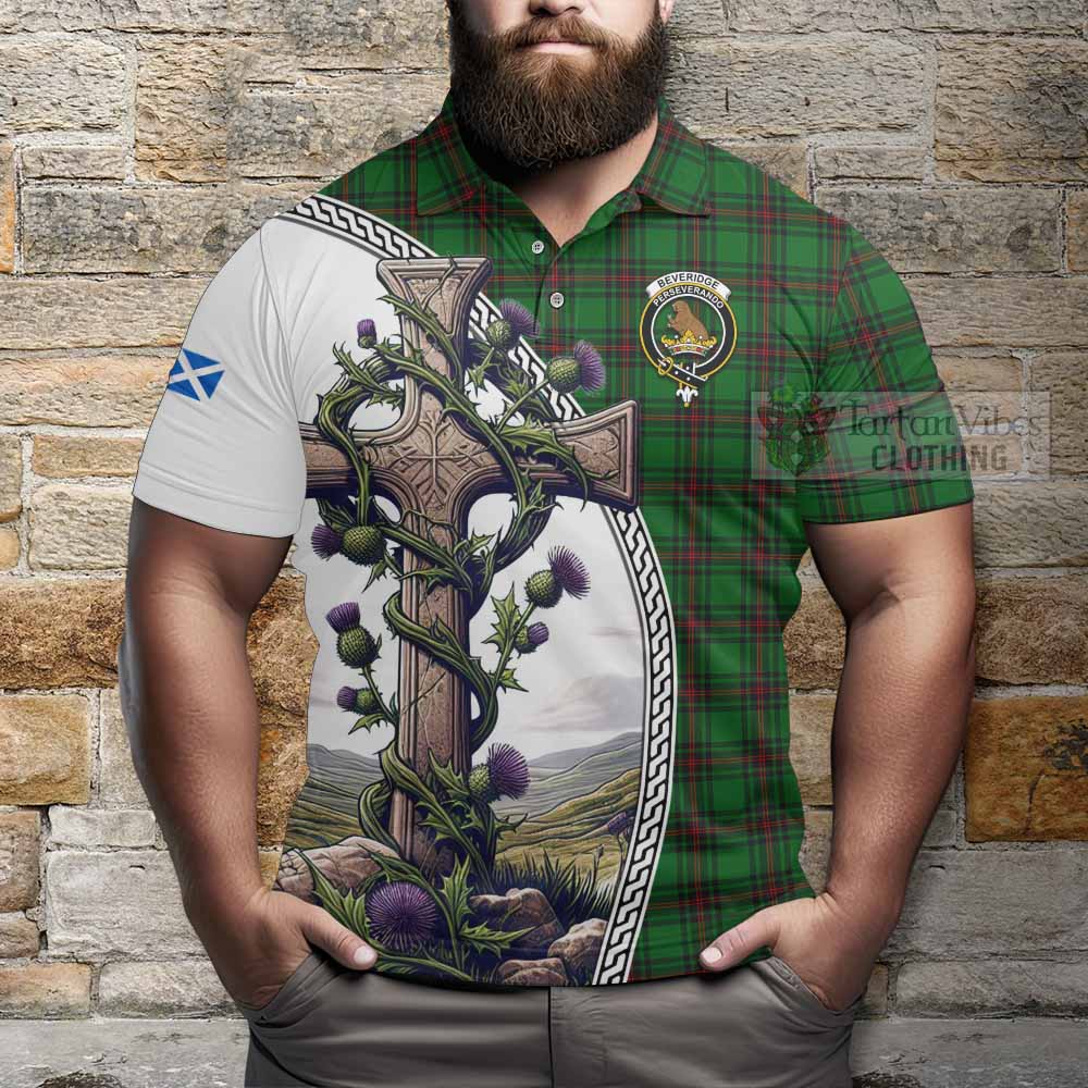 Tartan Vibes Clothing Beveridge Tartan Polo Shirt with Family Crest and St. Andrew's Cross Accented by Thistle Vines