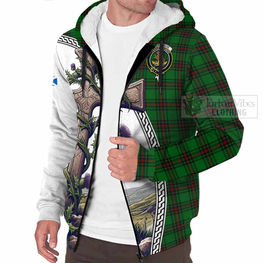 Tartan Vibes Clothing Beveridge Tartan Sherpa Hoodie with Family Crest and St. Andrew's Cross Accented by Thistle Vines