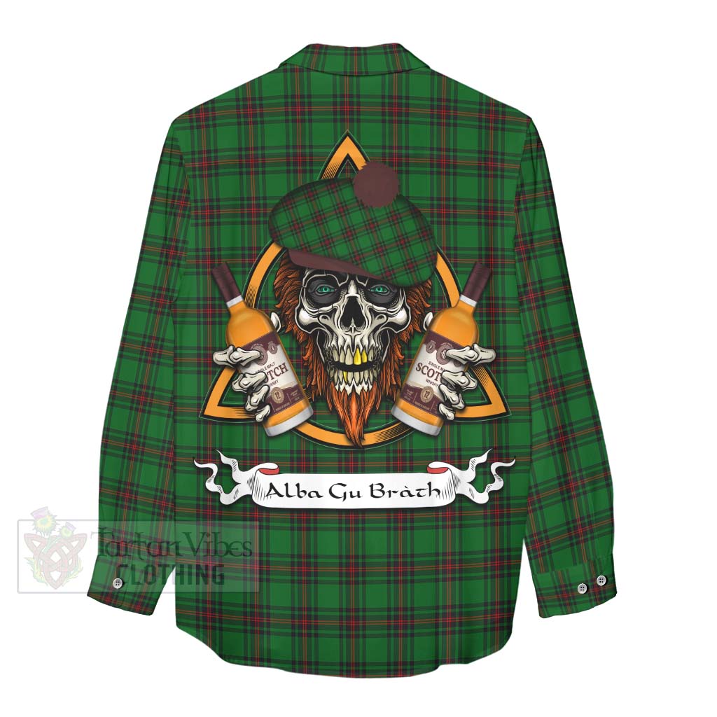 Tartan Vibes Clothing Beveridge Tartan Women's Casual Shirt with Family Crest and Bearded Skull Holding Bottles of Whiskey