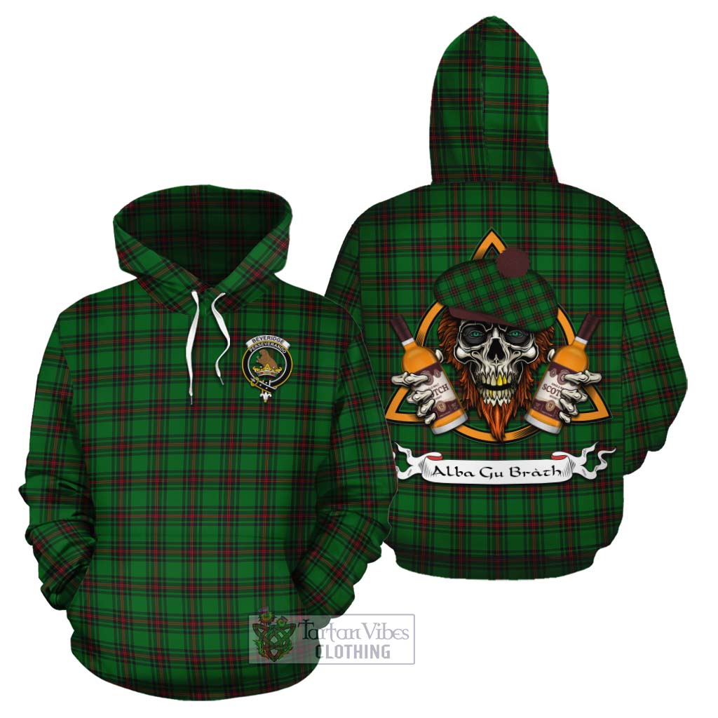 Tartan Vibes Clothing Beveridge Tartan Cotton Hoodie with Family Crest and Bearded Skull Holding Bottles of Whiskey