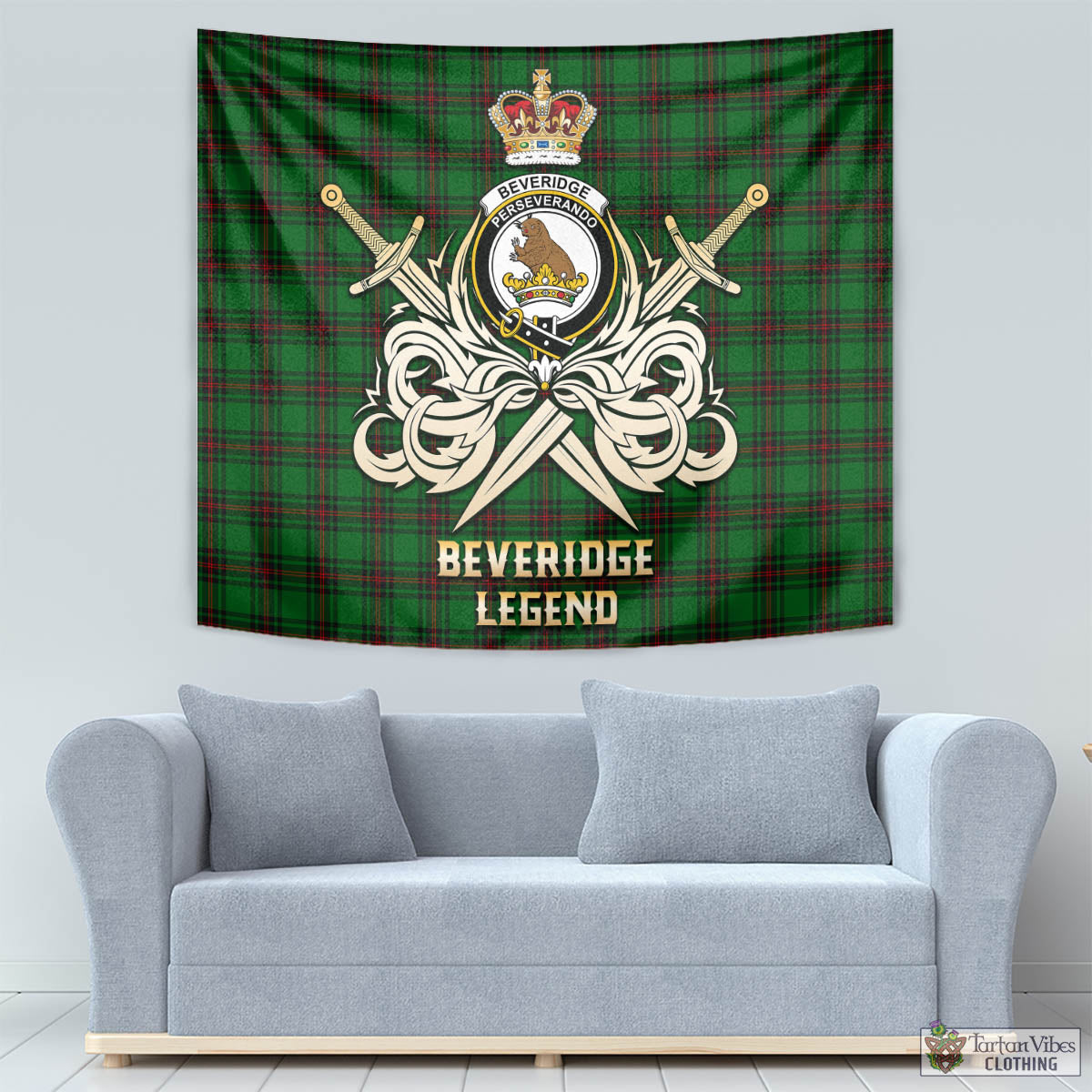 Tartan Vibes Clothing Beveridge Tartan Tapestry with Clan Crest and the Golden Sword of Courageous Legacy