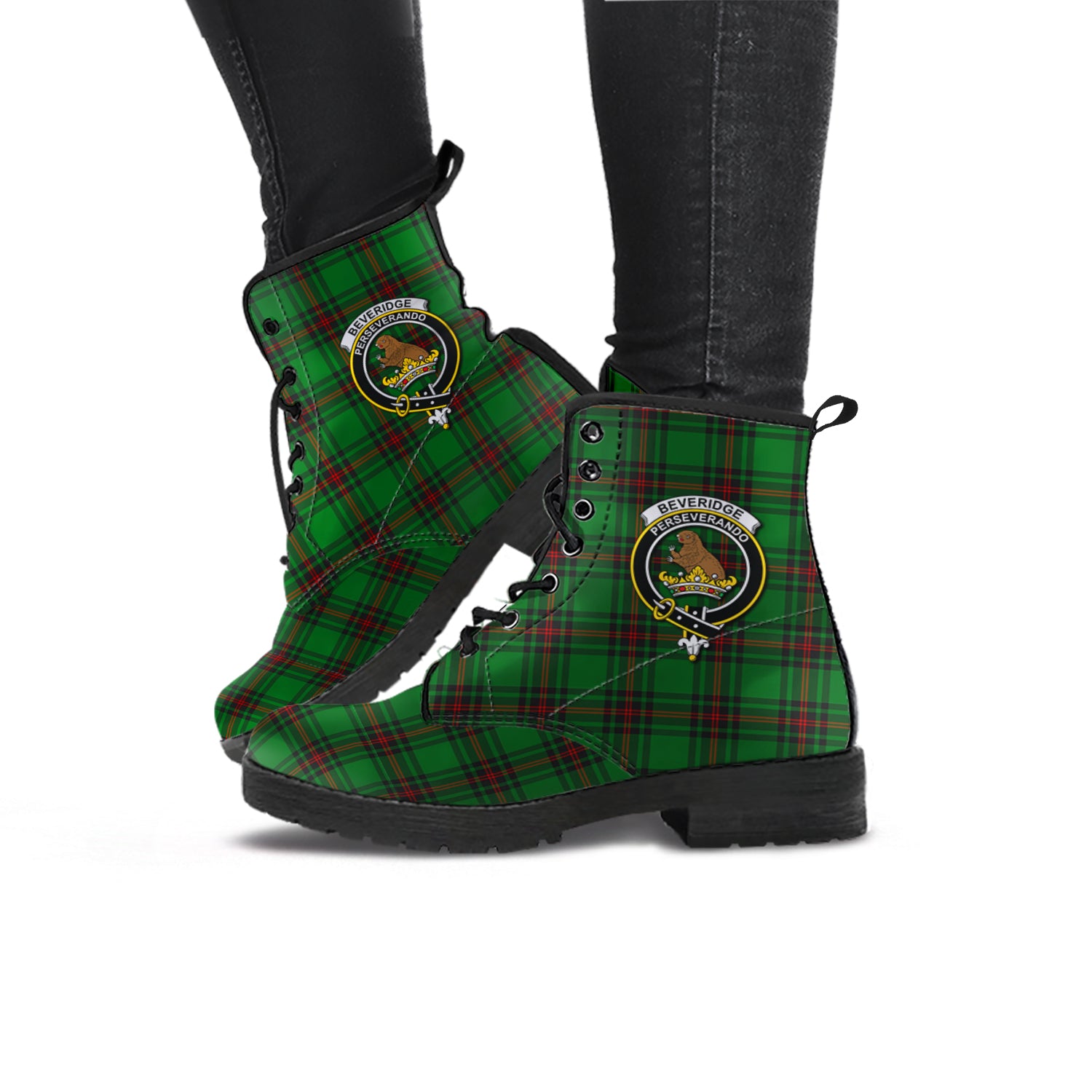 Beveridge Tartan Leather Boots with Family Crest - Tartanvibesclothing