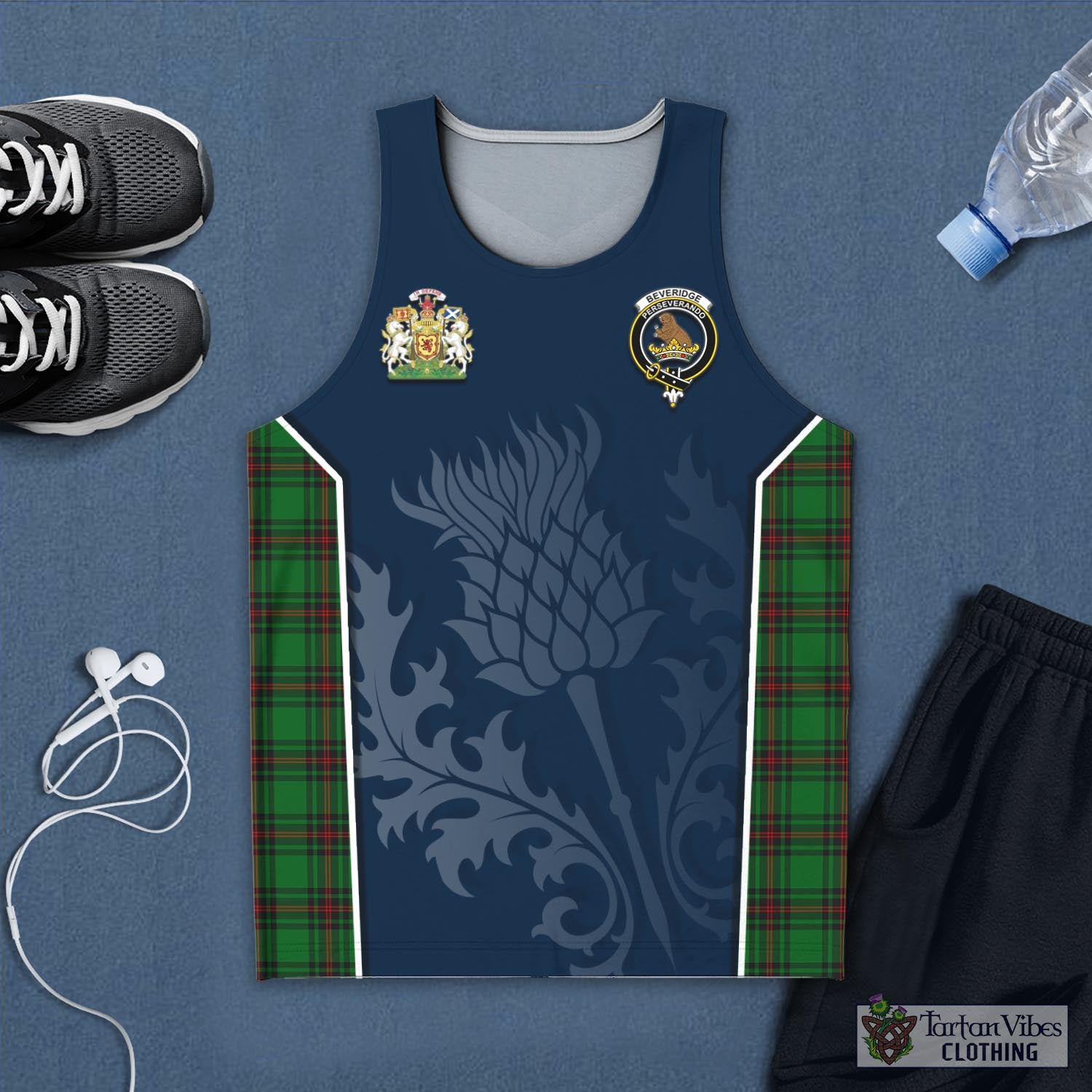 Tartan Vibes Clothing Beveridge Tartan Men's Tanks Top with Family Crest and Scottish Thistle Vibes Sport Style