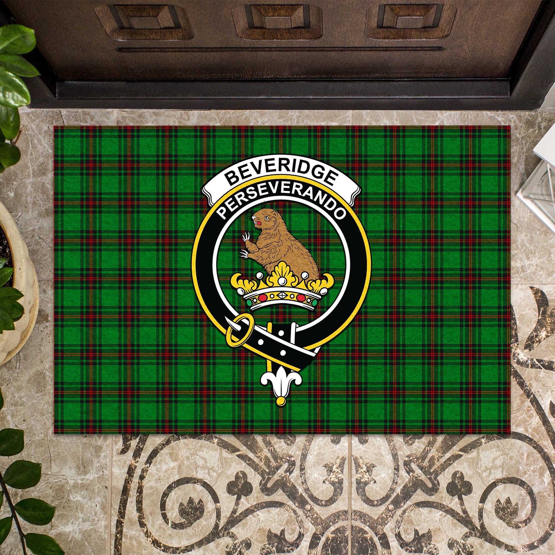 Beveridge Tartan Door Mat with Family Crest - Tartanvibesclothing