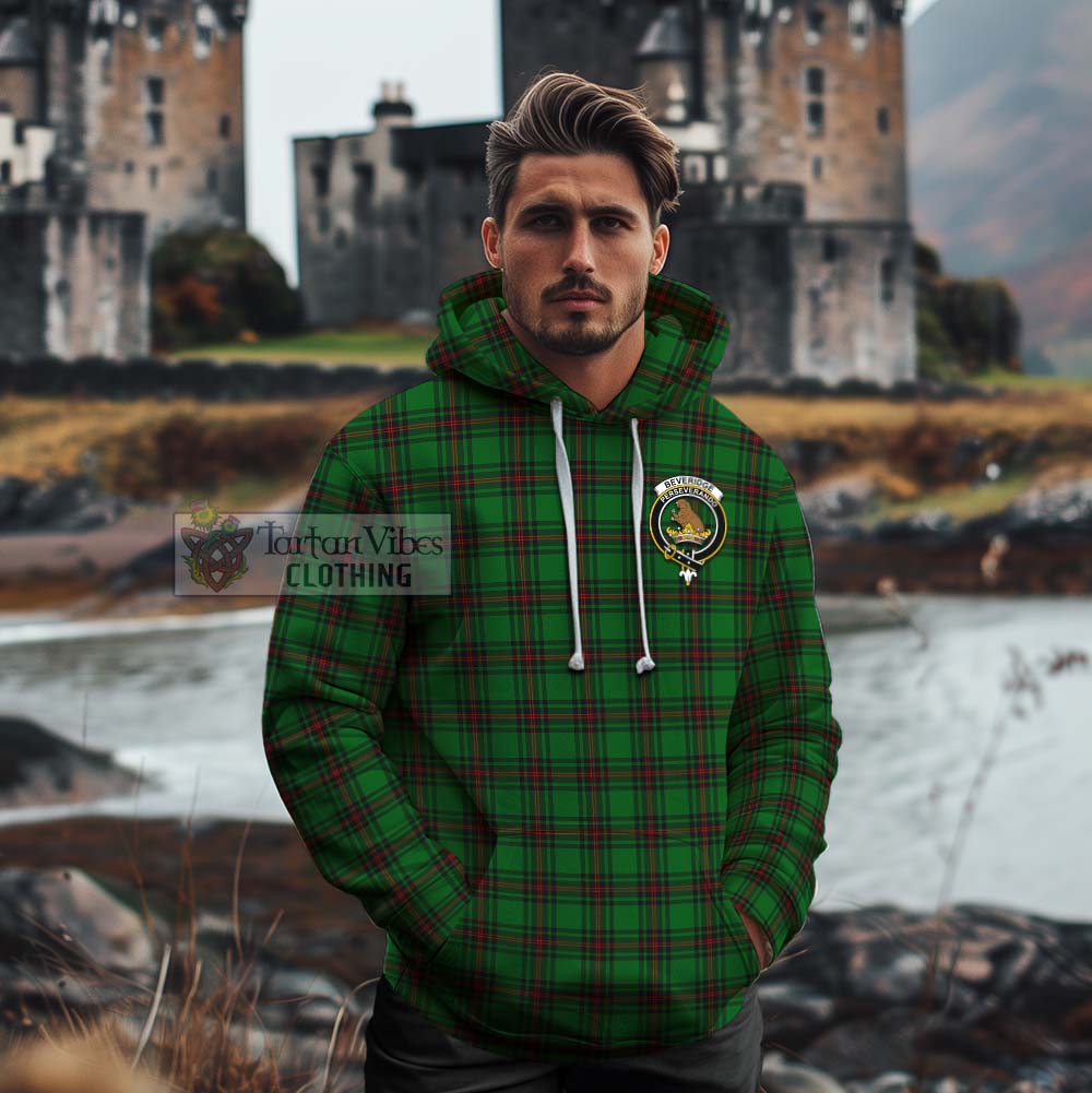 Tartan Vibes Clothing Beveridge Tartan Cotton Hoodie with Family Crest and Bearded Skull Holding Bottles of Whiskey