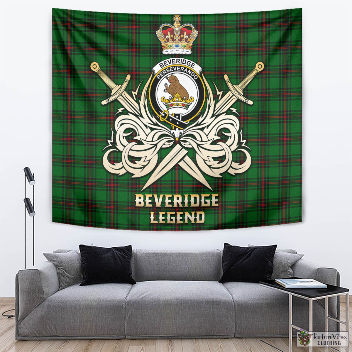 Tartan Vibes Clothing Beveridge Tartan Tapestry with Clan Crest and the Golden Sword of Courageous Legacy