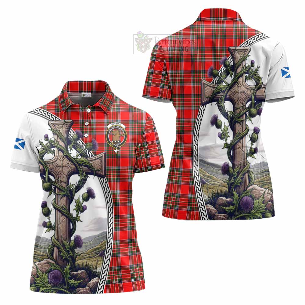 Tartan Vibes Clothing Binning Tartan Women's Polo Shirt with Family Crest and St. Andrew's Cross Accented by Thistle Vines