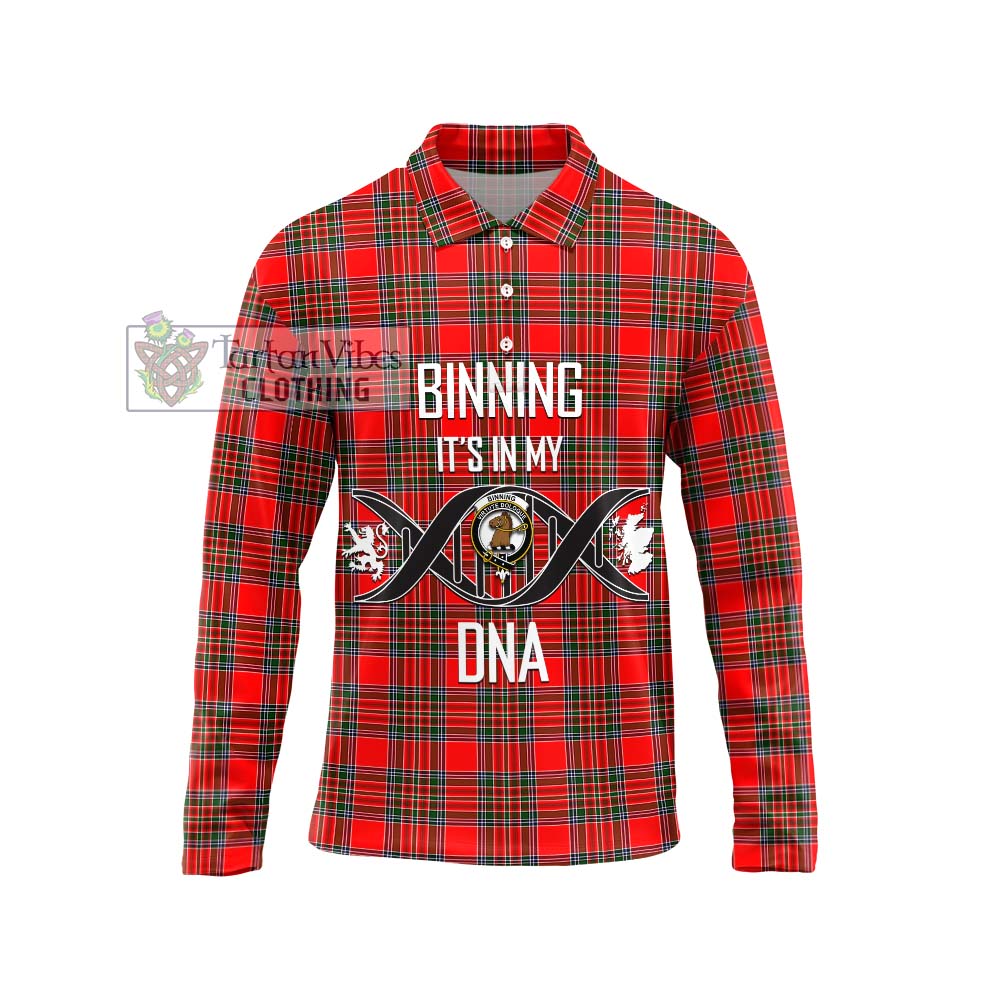 Binning Tartan Long Sleeve Polo Shirt with Family Crest DNA In Me Style Unisex - Tartanvibesclothing Shop