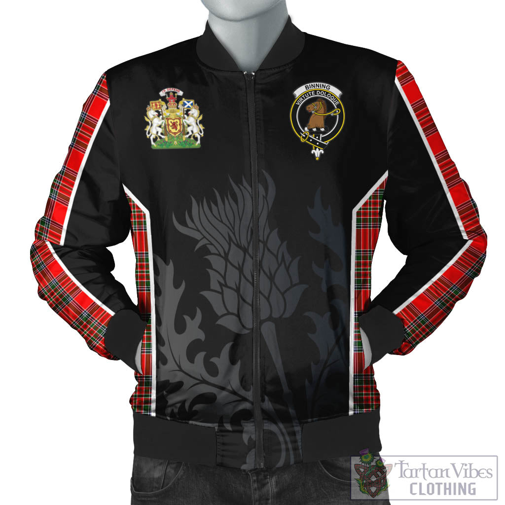 Tartan Vibes Clothing Binning Tartan Bomber Jacket with Family Crest and Scottish Thistle Vibes Sport Style