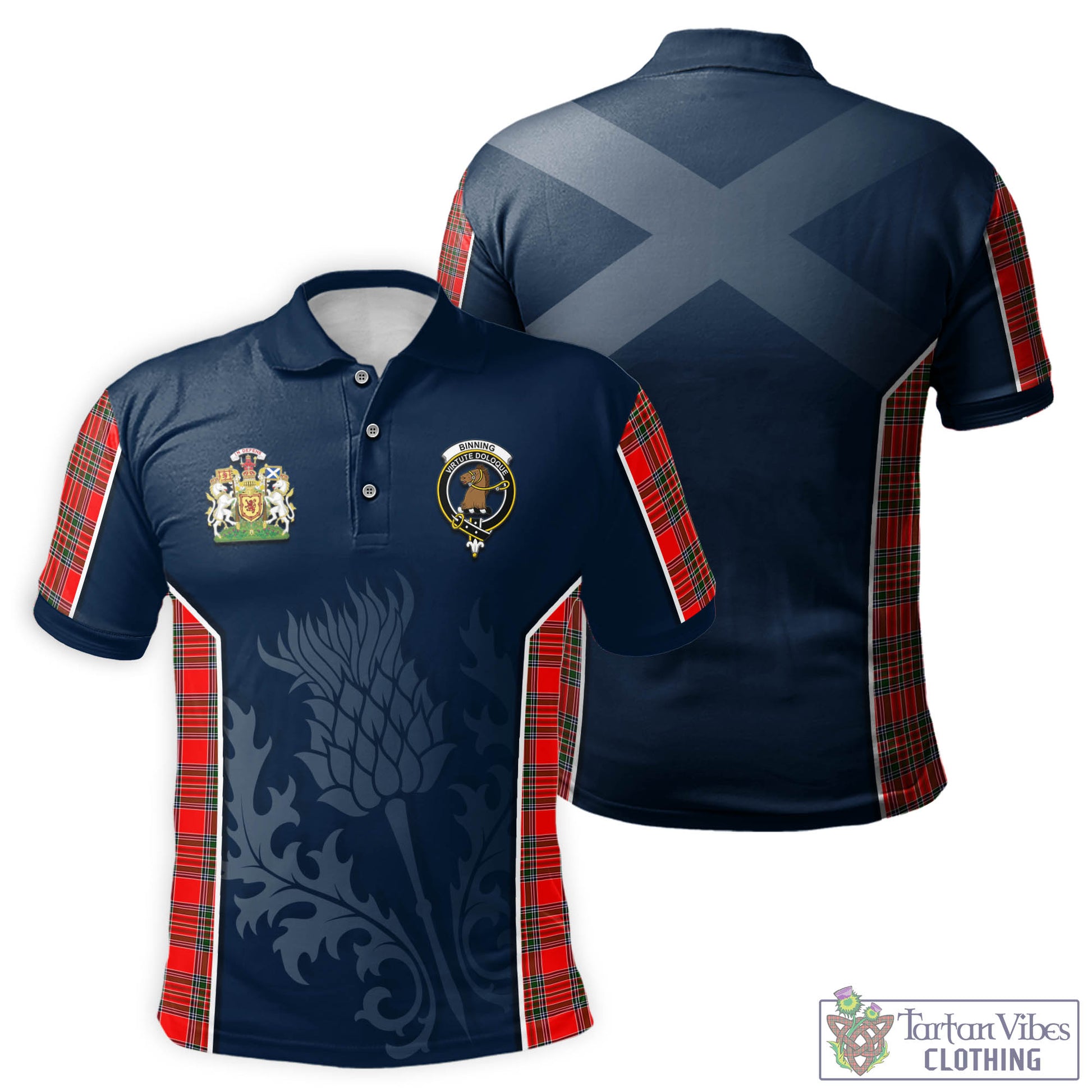 Tartan Vibes Clothing Binning Tartan Men's Polo Shirt with Family Crest and Scottish Thistle Vibes Sport Style