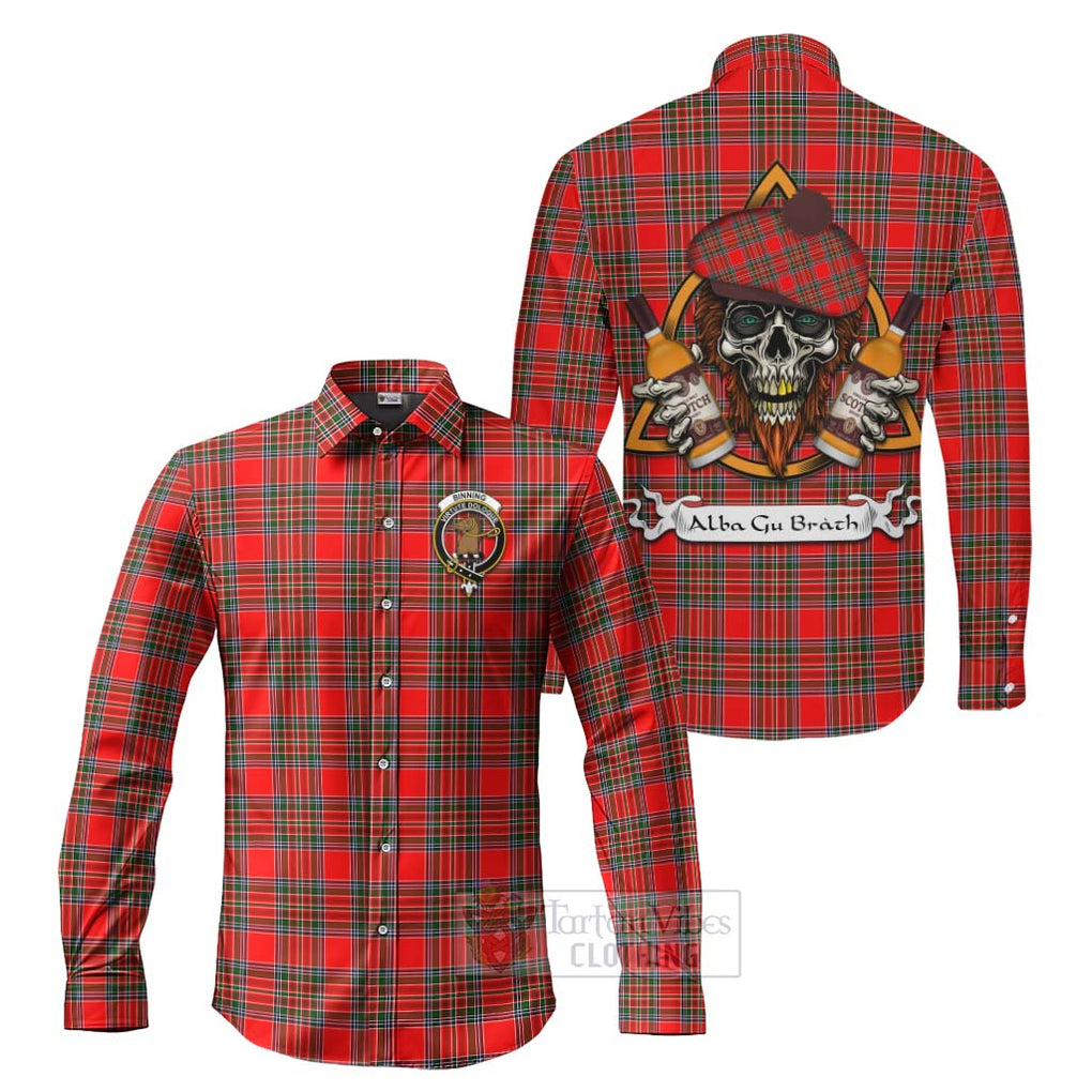 Tartan Vibes Clothing Binning Tartan Long Sleeve Button Shirt with Family Crest and Bearded Skull Holding Bottles of Whiskey