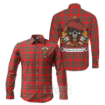 Binning Tartan Long Sleeve Button Shirt with Family Crest and Bearded Skull Holding Bottles of Whiskey