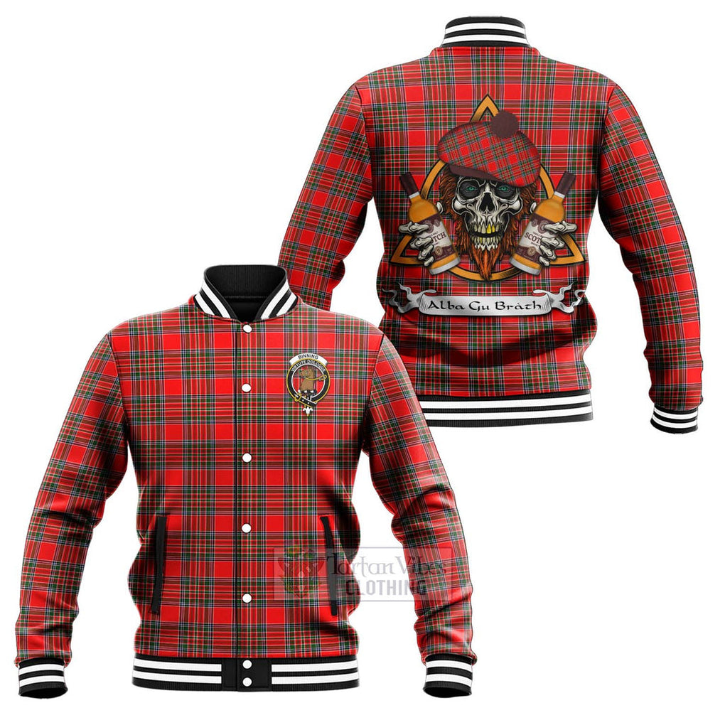 Tartan Vibes Clothing Binning Tartan Baseball Jacket with Family Crest and Bearded Skull Holding Bottles of Whiskey