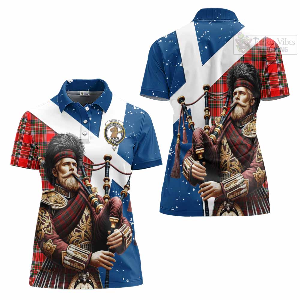 Tartan Vibes Clothing Binning Tartan Women's Polo Shirt with Family Crest Scottish Bagpiper Vibes