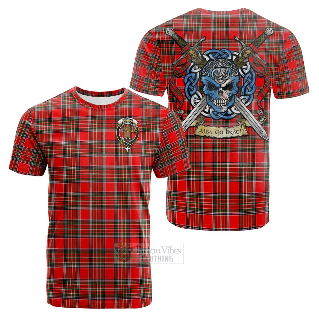 Tartan Vibes Clothing Binning Tartan Cotton T-shirt with Family Crest Celtic Skull Style