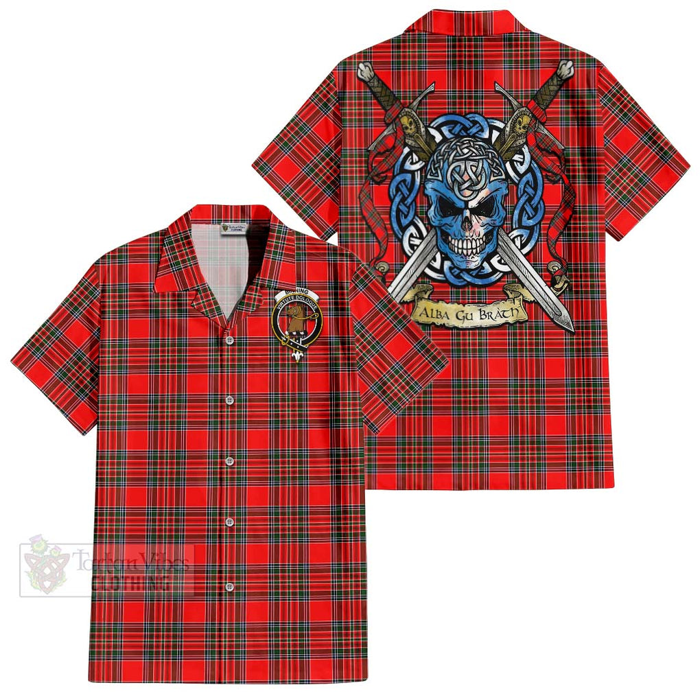 Tartan Vibes Clothing Binning Tartan Short Sleeve Button Shirt with Family Crest Celtic Skull Style