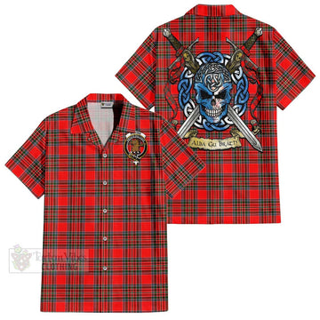 Binning Tartan Short Sleeve Button Shirt with Family Crest Celtic Skull Style