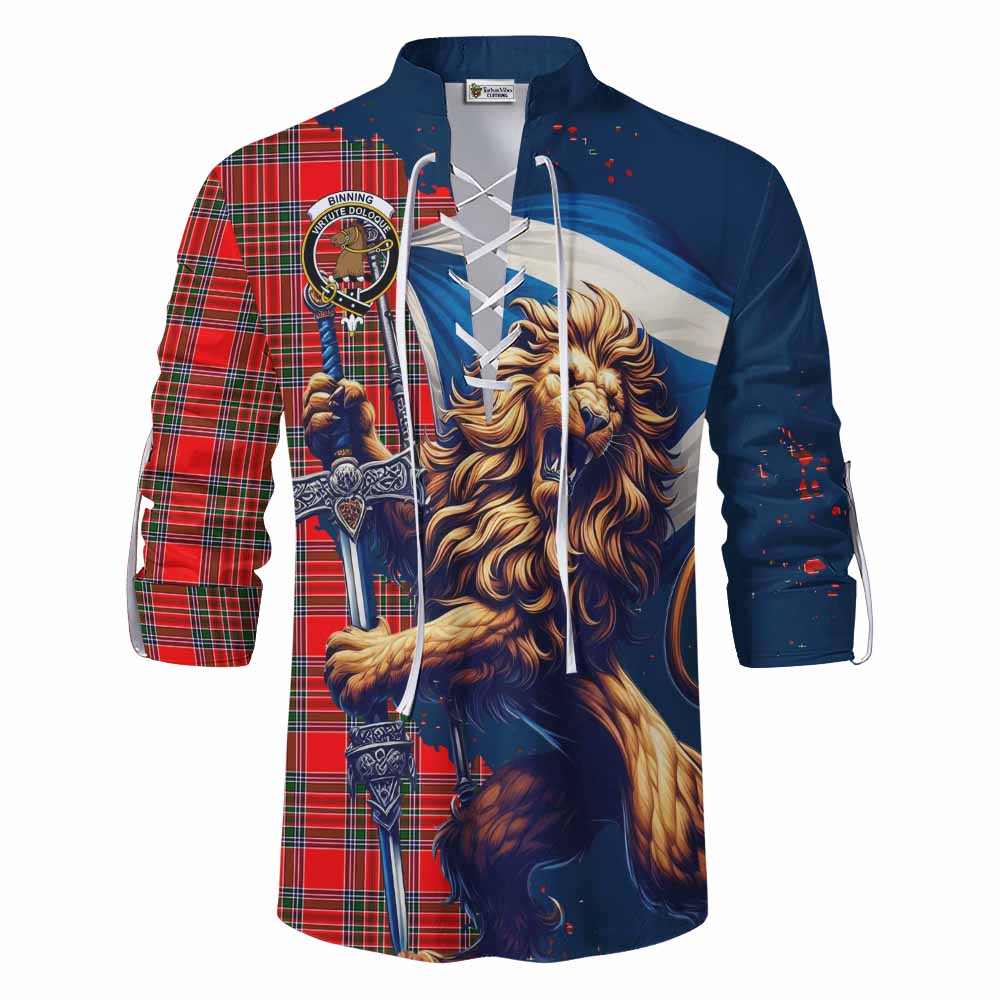 Tartan Vibes Clothing Binning Tartan Family Crest Ghillie Kilt Shirt with Scottish Majestic Lion