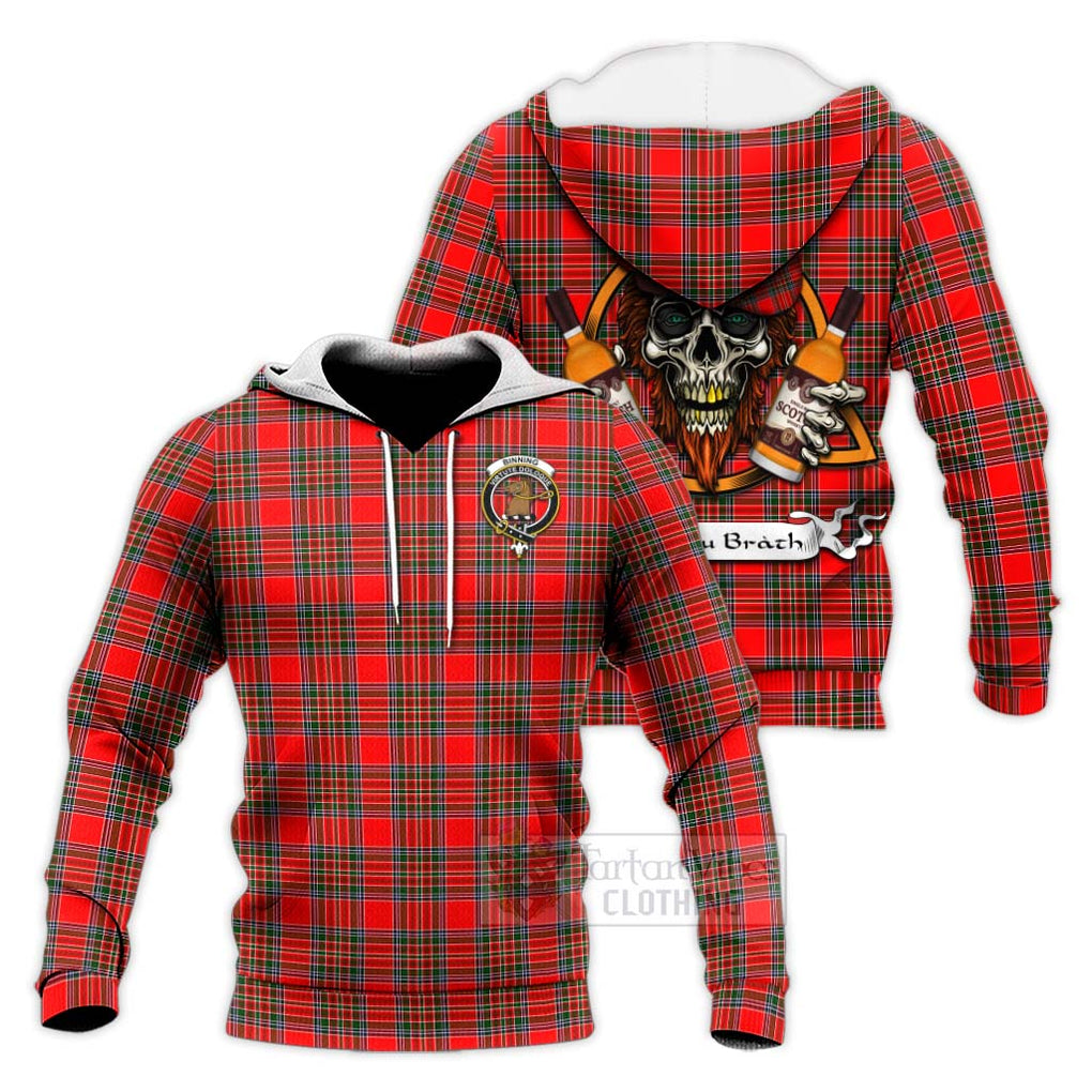 Tartan Vibes Clothing Binning Tartan Knitted Hoodie with Family Crest and Bearded Skull Holding Bottles of Whiskey