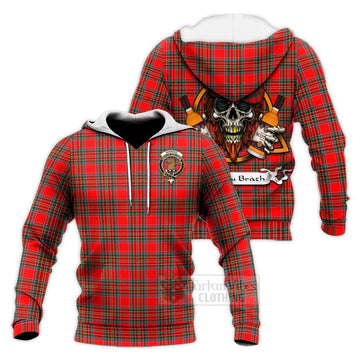 Binning Tartan Knitted Hoodie with Family Crest and Bearded Skull Holding Bottles of Whiskey