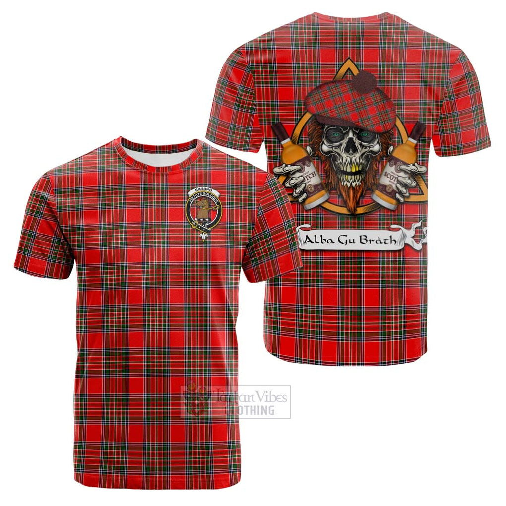 Tartan Vibes Clothing Binning Tartan Cotton T-shirt with Family Crest and Bearded Skull Holding Bottles of Whiskey