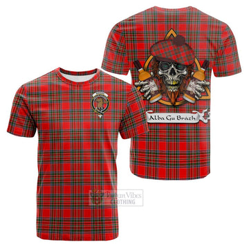 Binning Tartan Cotton T-shirt with Family Crest and Bearded Skull Holding Bottles of Whiskey