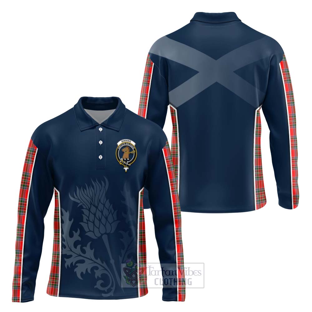 Tartan Vibes Clothing Binning Tartan Long Sleeve Polo Shirt with Family Crest and Scottish Thistle Vibes Sport Style